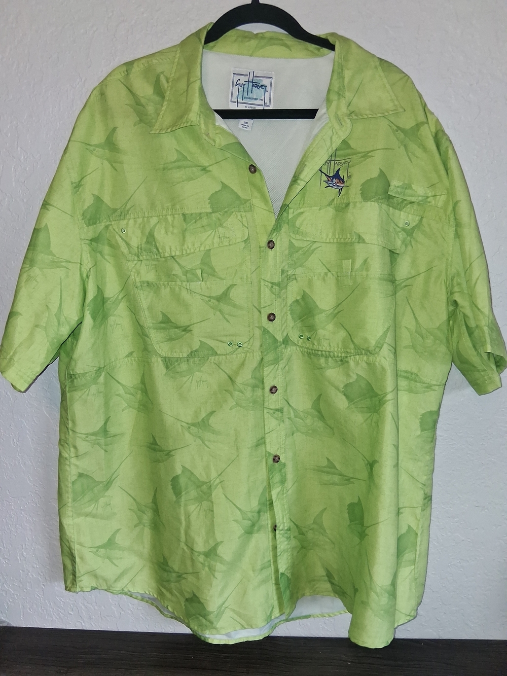 ​Guy Harvey AFTCO Shirt 2XL Green Marlin Print Short Sleeve Fishing Button Down